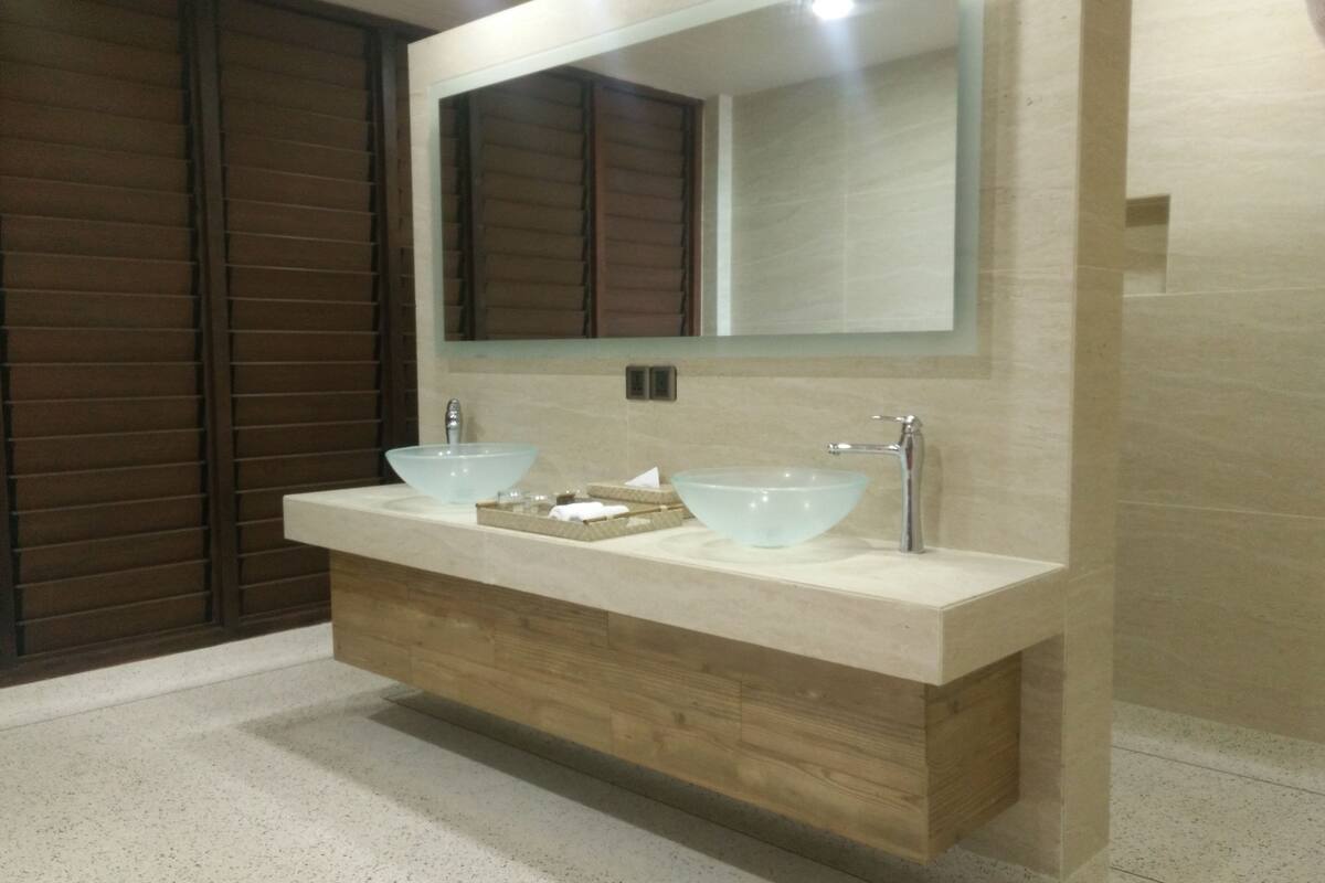 two bedrooms beach front villa | bathroom | free toiletries, hair dryer, dressing gowns, bidet