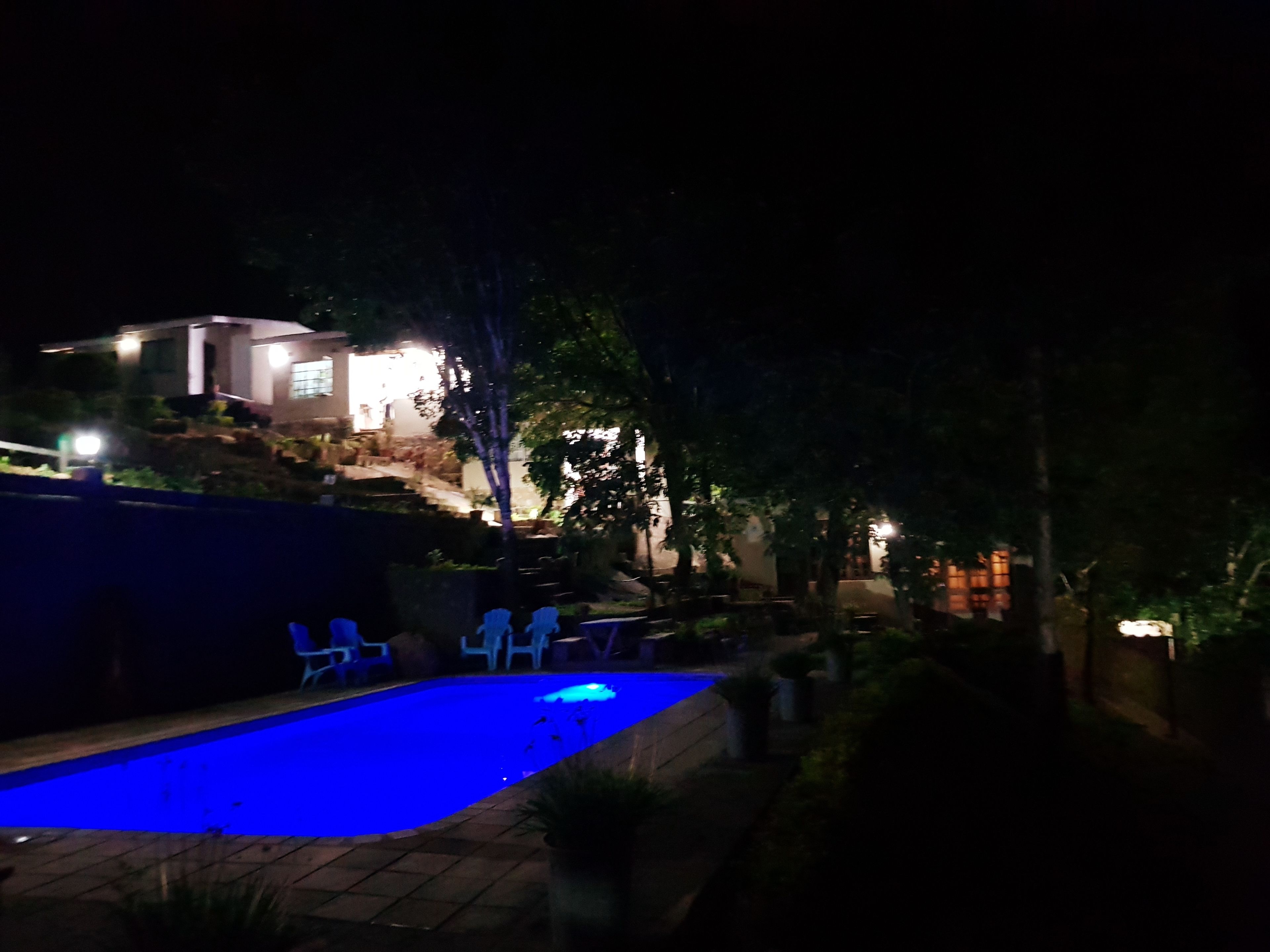 A nighttime view of a swimming pool with blue lighting, surrounded by trees and a building with lights on in the background.