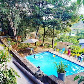 A swimming pool surrounded by lush greenery, with a stone wall and a wooden deck. - Chinyonga Guesthouse (Blantyre)