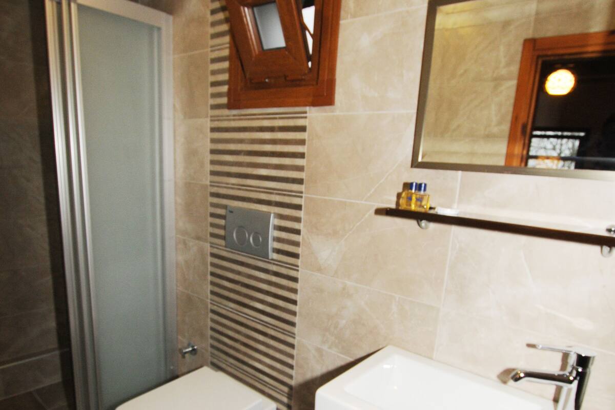 A bathroom with a toilet, sink, and shower.