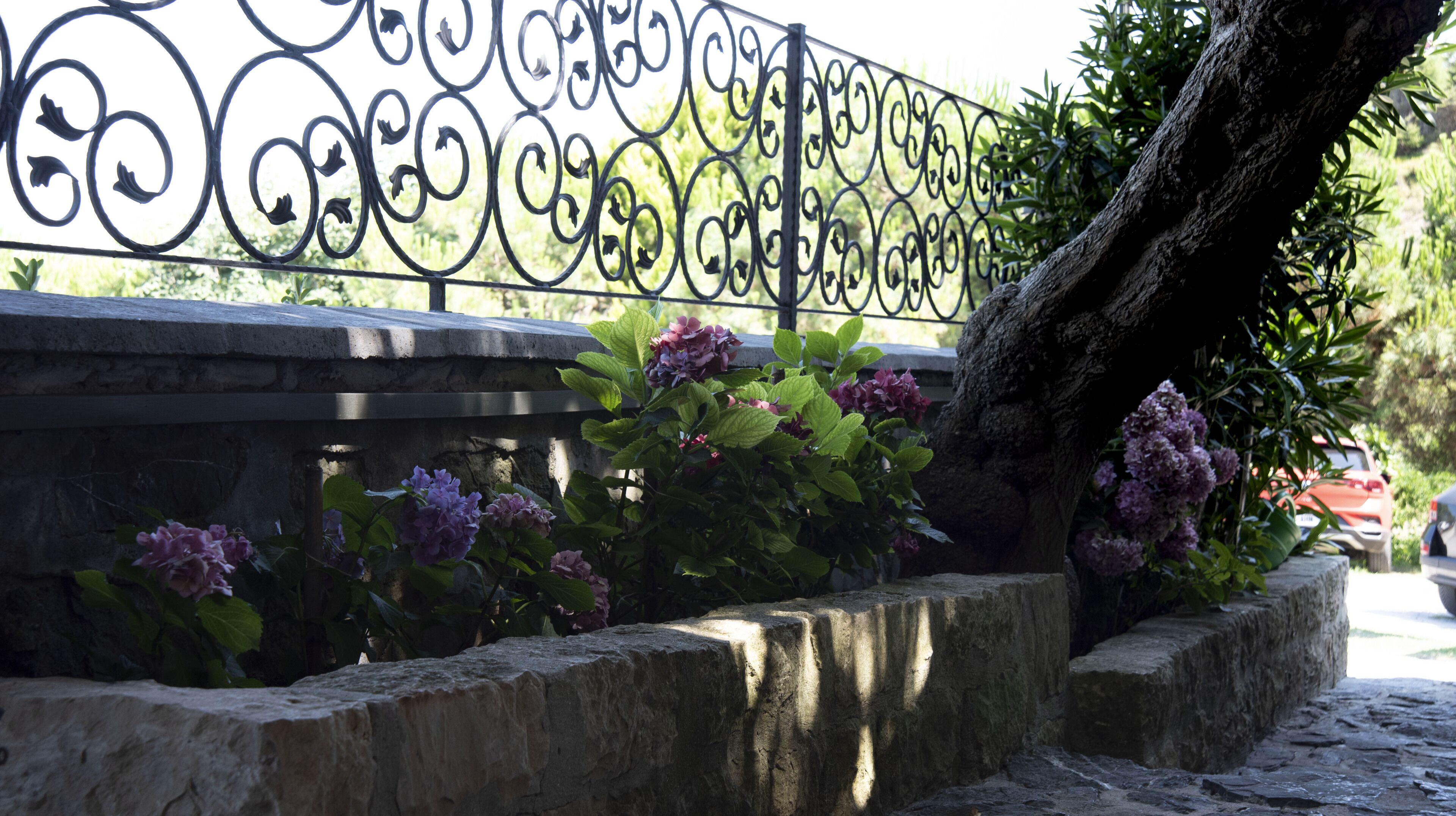 A wrought iron fence with a decorative pattern, a stone bench, and flowering plants.