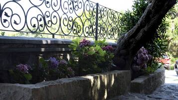 A wrought iron fence with a decorative pattern, a stone bench, and flowering plants.