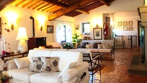 A cozy living room with a fireplace, a sofa set, and a dining area. - Podere Pescara (Orvieto)