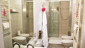 Une salle de bain moderne avec une douche à parois de verre, deux toilettes, un lavabo et un miroir.