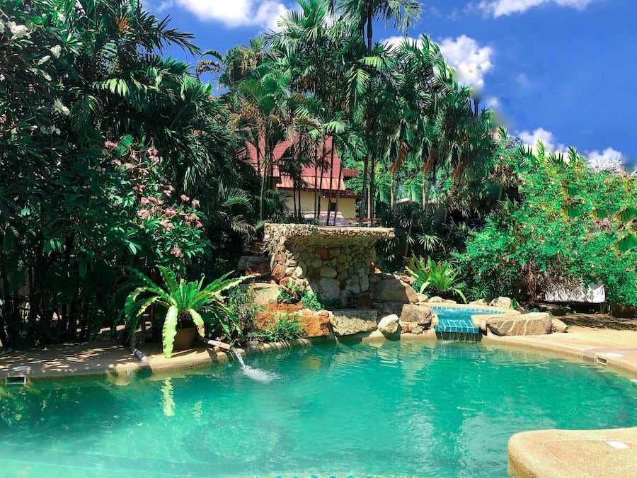 Outdoor pool, pool umbrellas, pool loungers