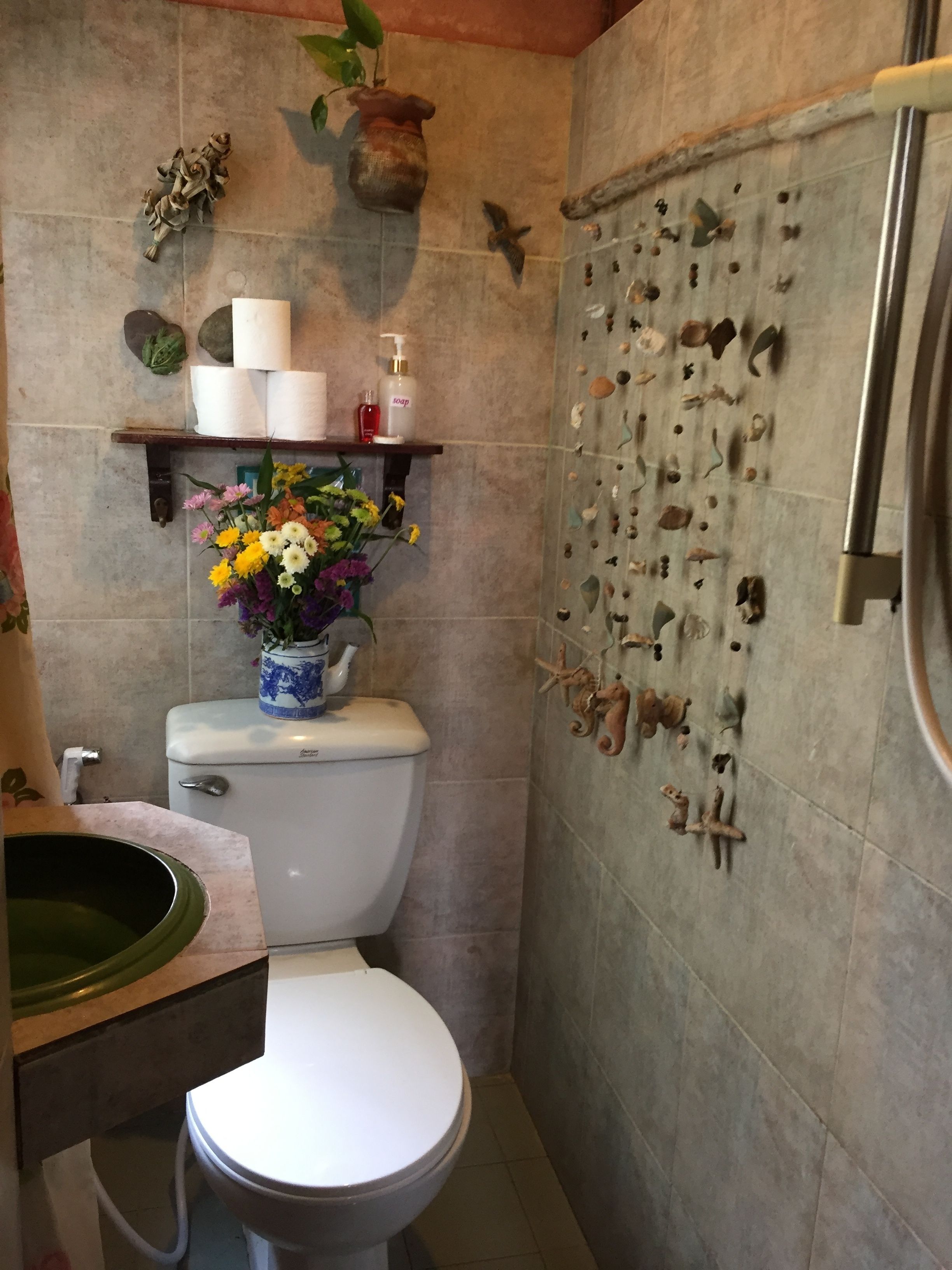 A bathroom with a toilet, a sink, and a shower area. There are decorative items on the walls, including seashells and a hanging plant.