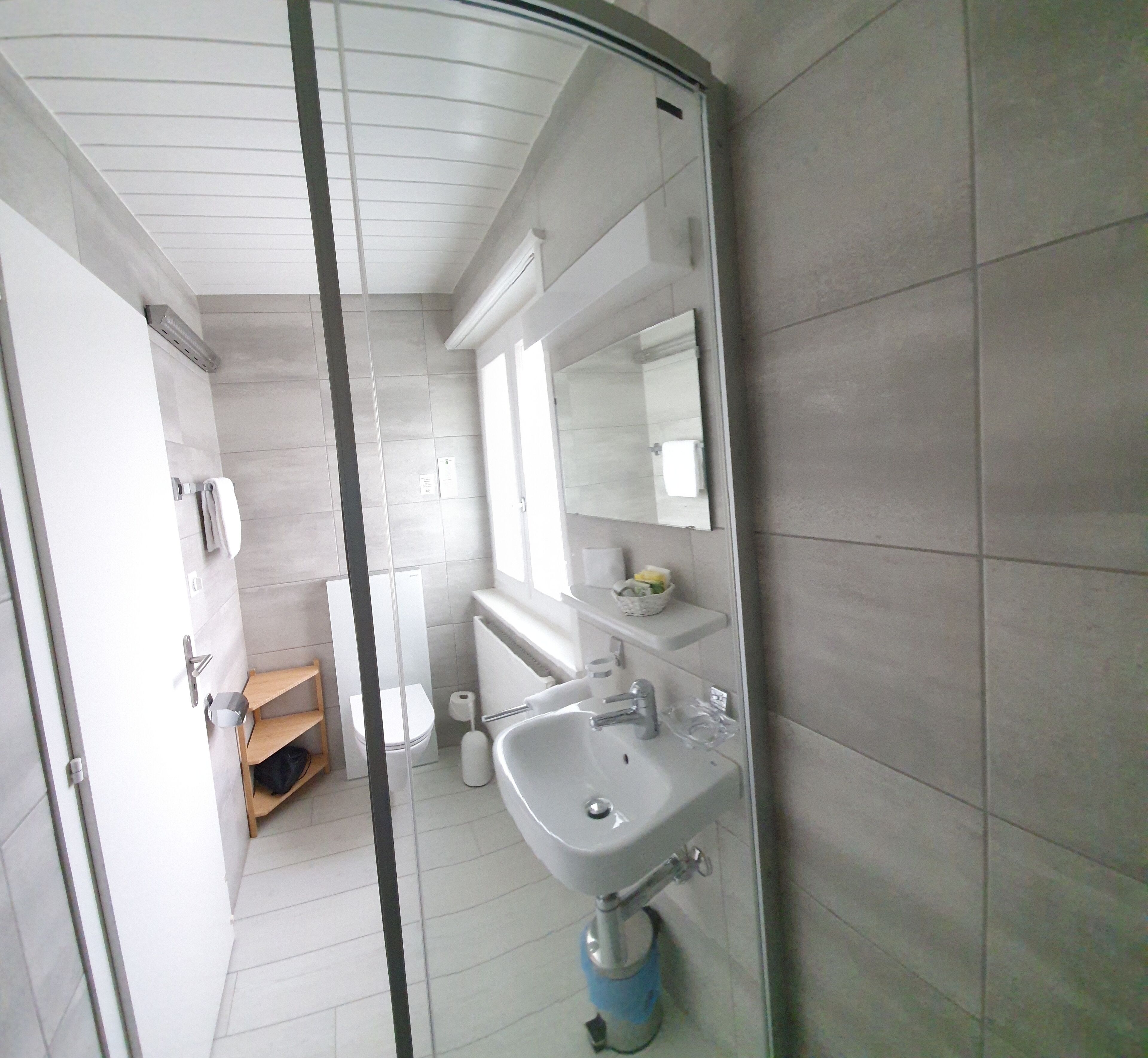 Une salle de bain moderne avec une paroi en verre, un lavabo, des toilettes et un miroir.
