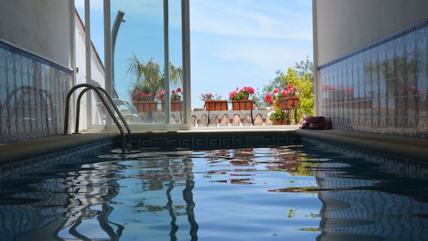 An indoor swimming pool with clear glass walls, potted plants, and a view of the sky.