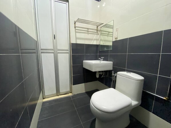 A bathroom with a white toilet, a sink, and a shower area.