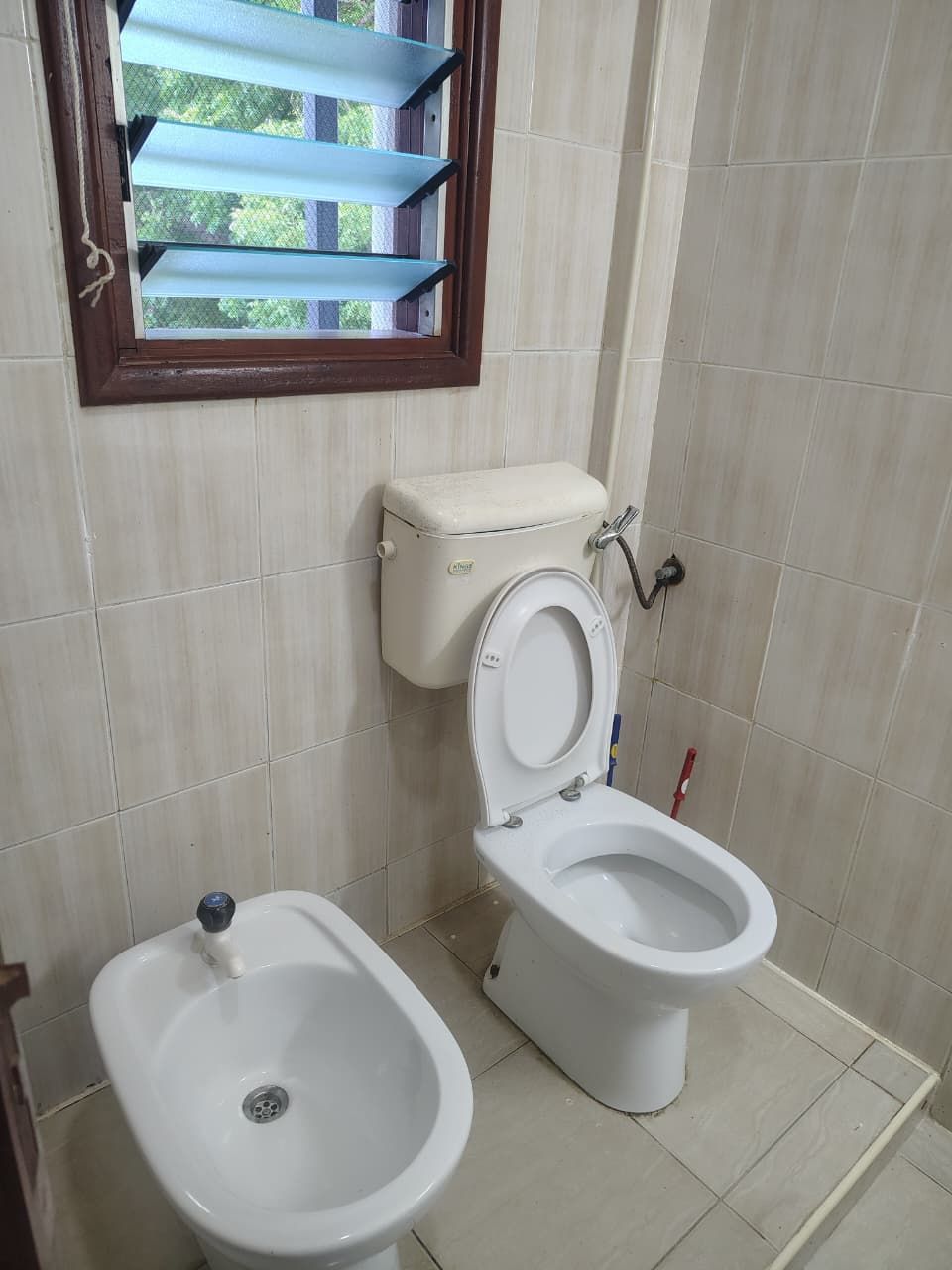 A bathroom with a toilet, bidet, and a window with blinds.