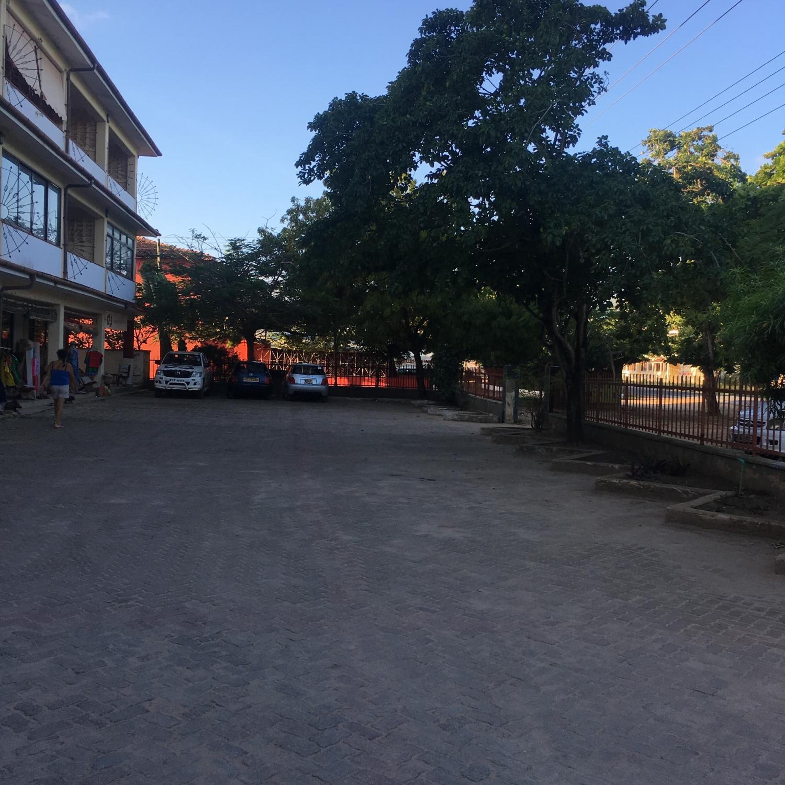 A street scene with a building on the left, a tree in the center, and a fence on the right.