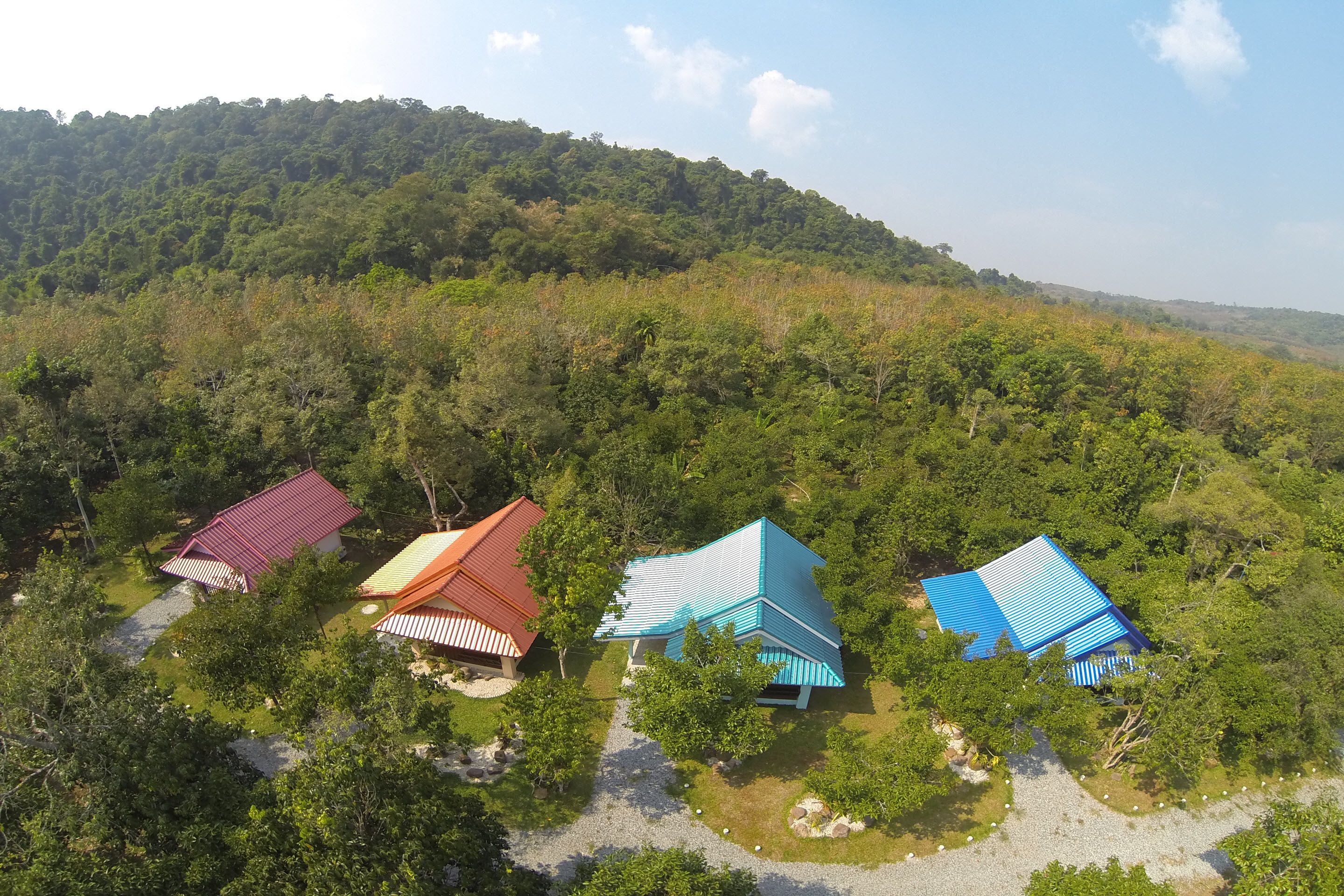 A cluster of four buildings with distinct roof colors, surrounded by dense forest and a hill in the background.