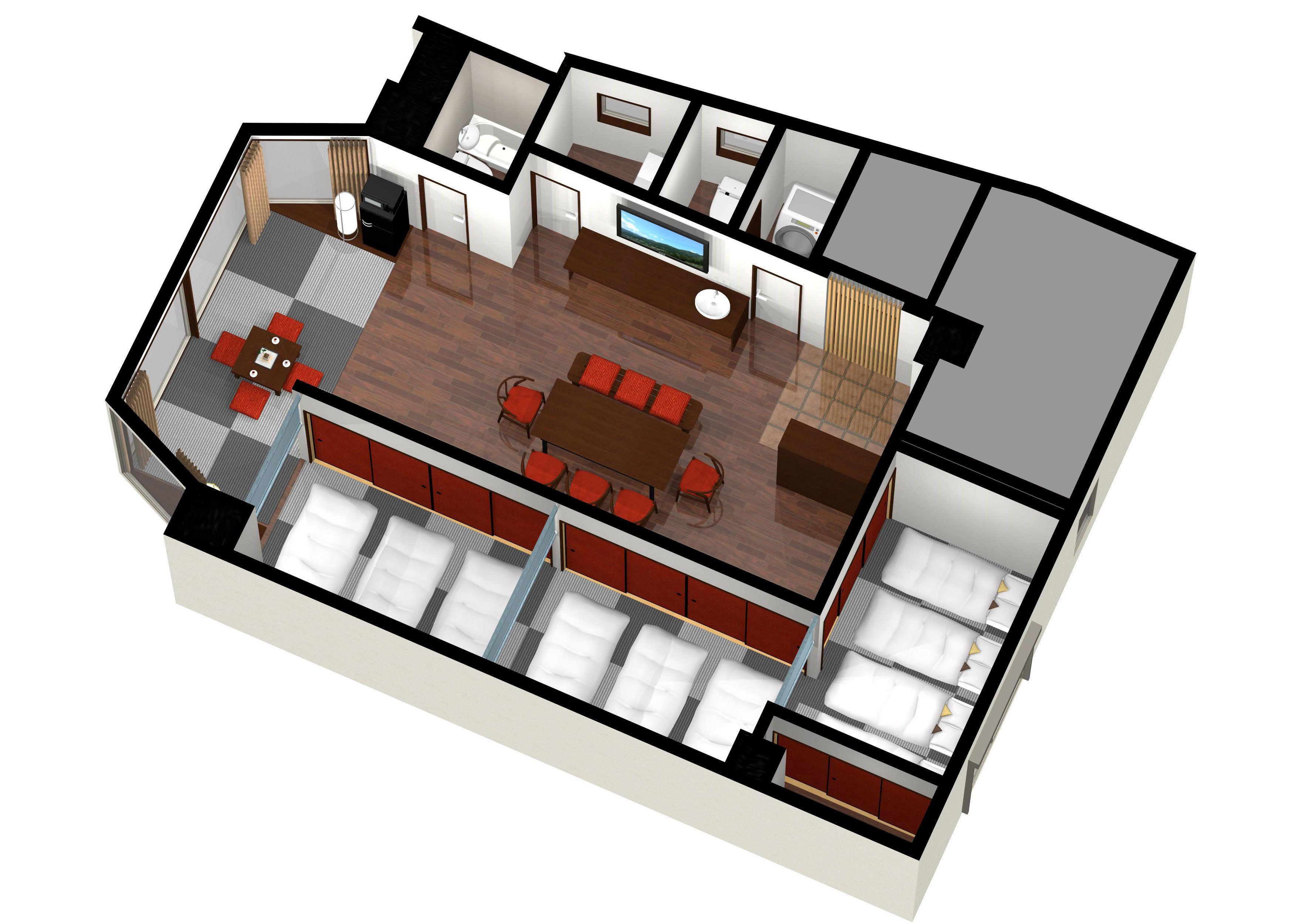 A 3D floor plan of a hotel room with a living area, a separate bedroom, a bathroom, and a kitchenette.