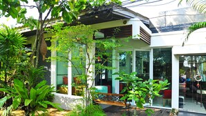 A modern house with a glass door, a wooden bench, and a variety of plants. - Cafe'@luv22 (Wichit)