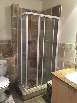 Un baño con ducha envuelta en vidrio, inodoro y lavamanos con encimera de granito.