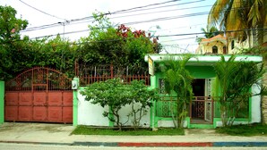 Uma propriedade murada com fachada verde e branca, um pequeno portão de entrada e uma palmeira em primeiro plano.