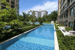 Outdoor pool, sun loungers