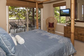A bedroom with a bed, a television, a chair, and a view of the outdoors.