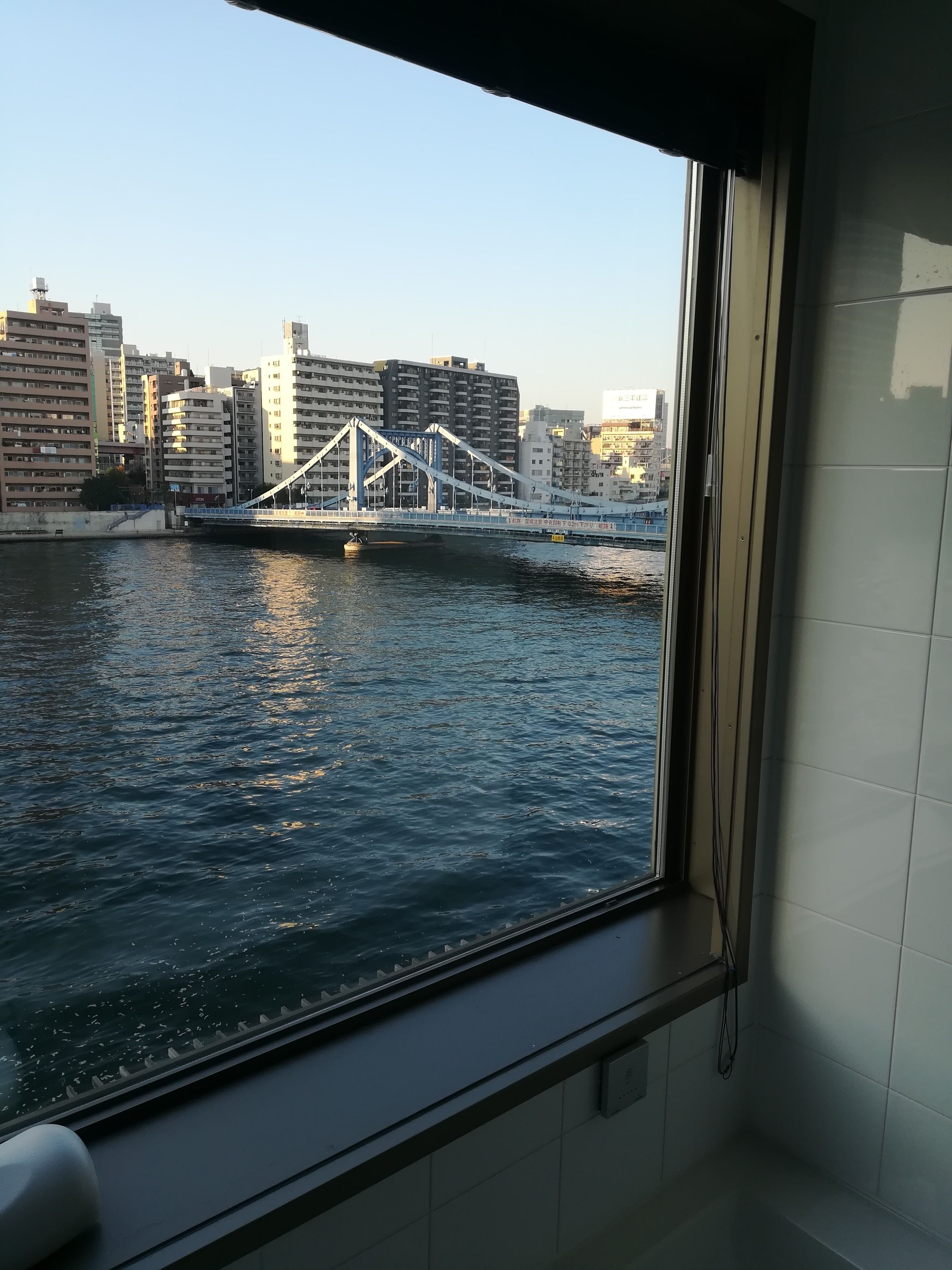 A view from a window overlooking a river with a bridge and buildings in the background.