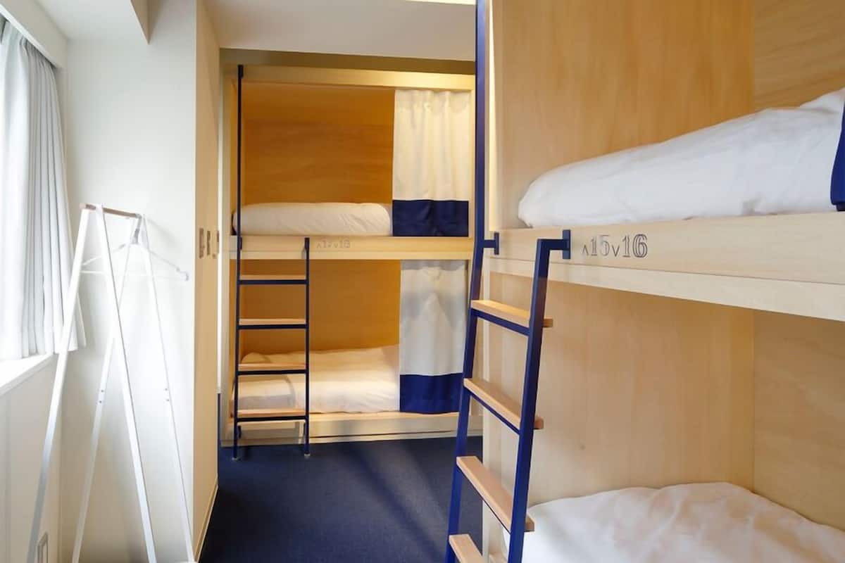 A bunk bed room with a ladder, a window, and a view of buildings outside.