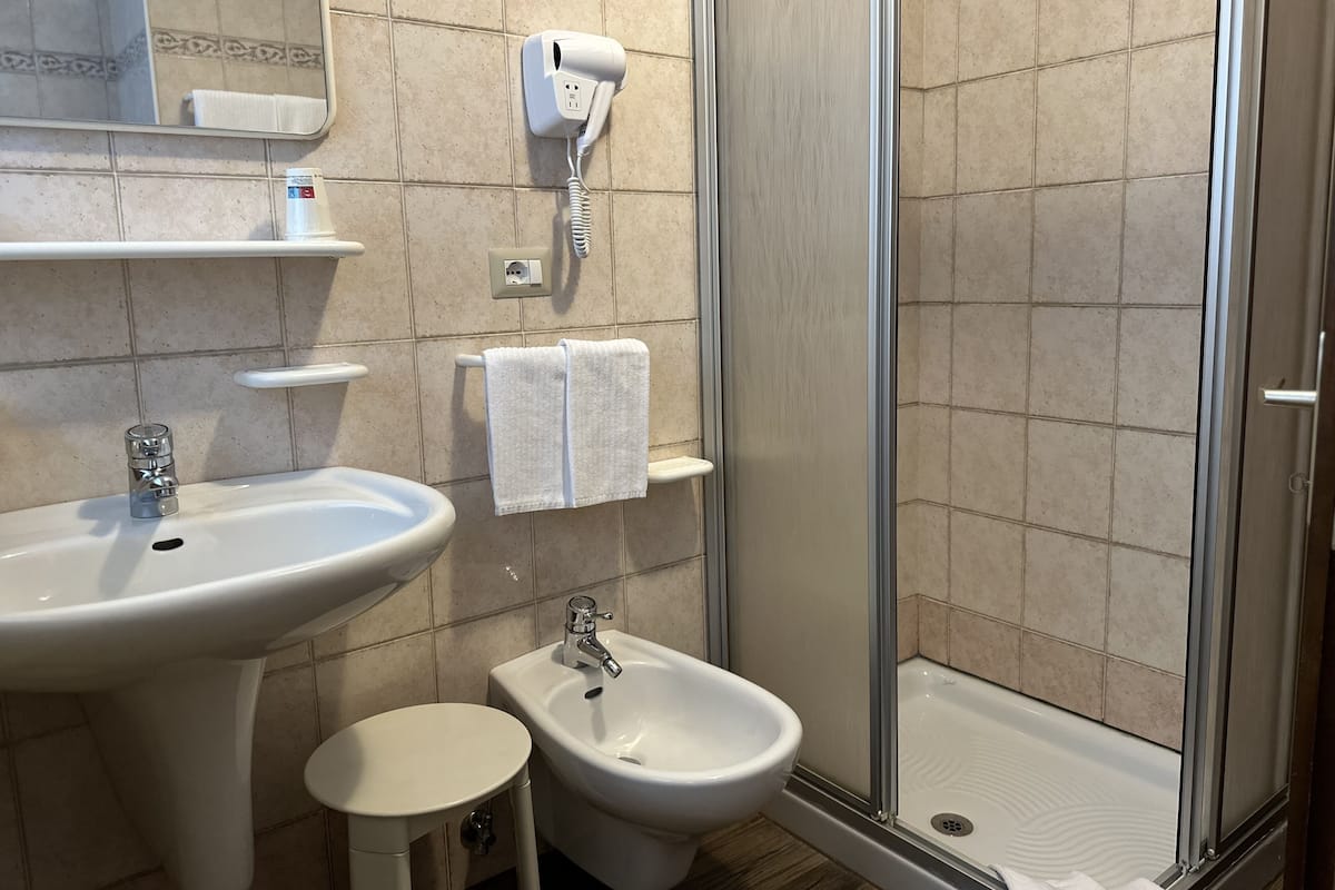 A bathroom with a sink, bidet, and a handheld showerhead.