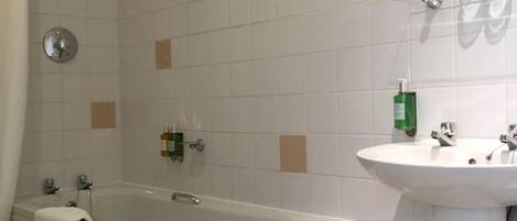Une salle de bain avec une baignoire, un lavabo et une douche.