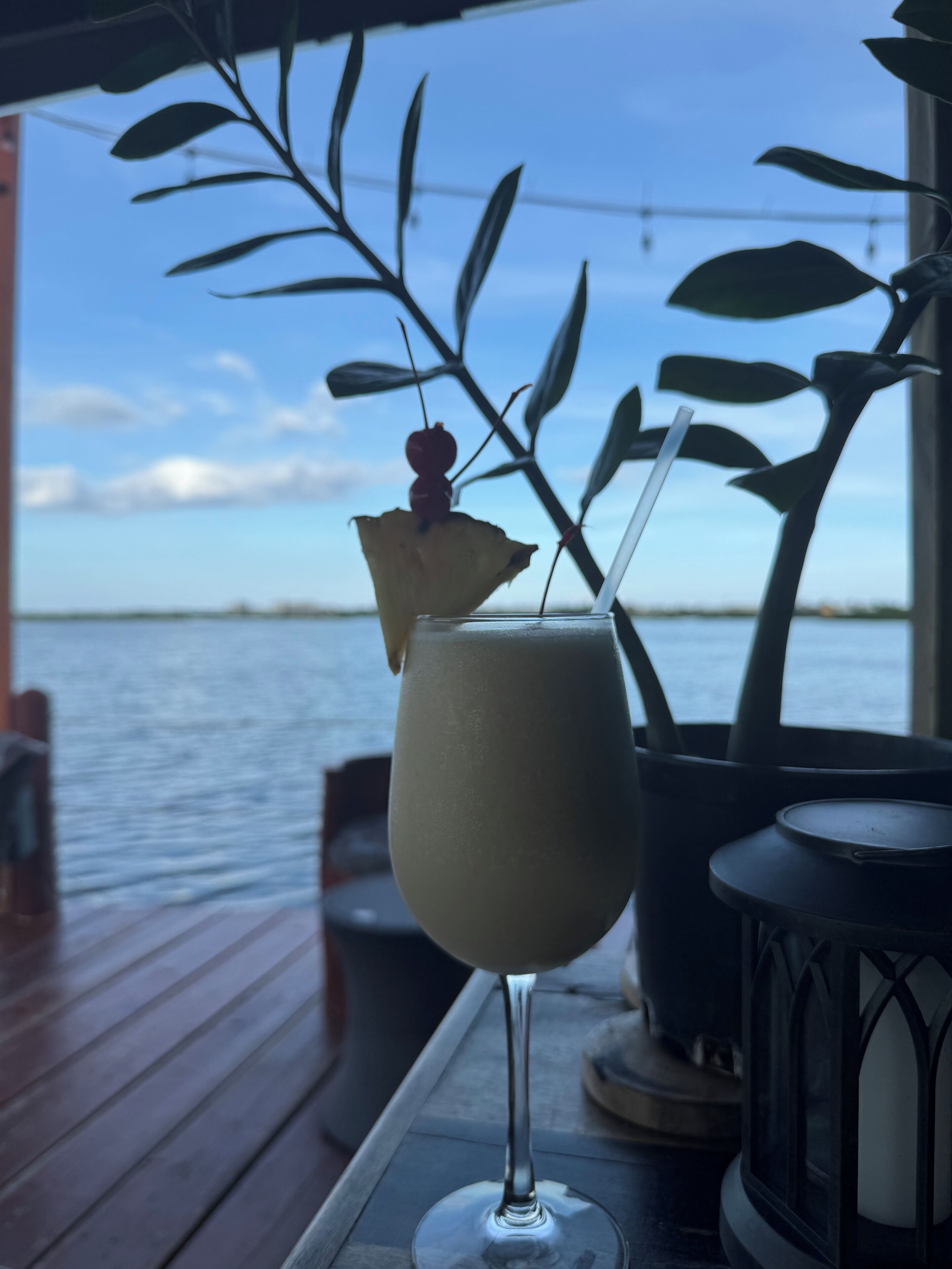 Une boisson, agrémentée d’une garniture, posée sur une table près d’une fenêtre donnant sur un plan d’eau.