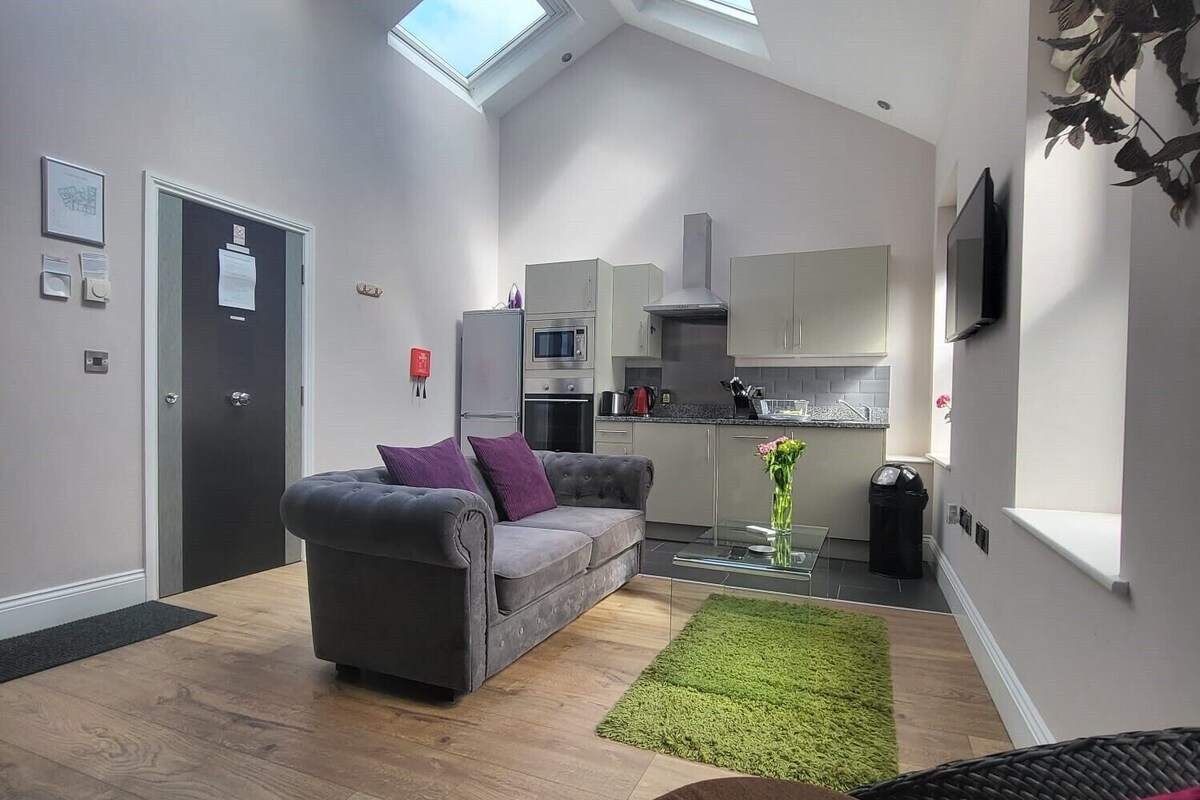 Un apartamento moderno con cocina tipo loft, un sofá gris y una alfombra verde.