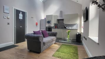 A modern apartment with a loft-style kitchen, a grey sofa, and a green rug.