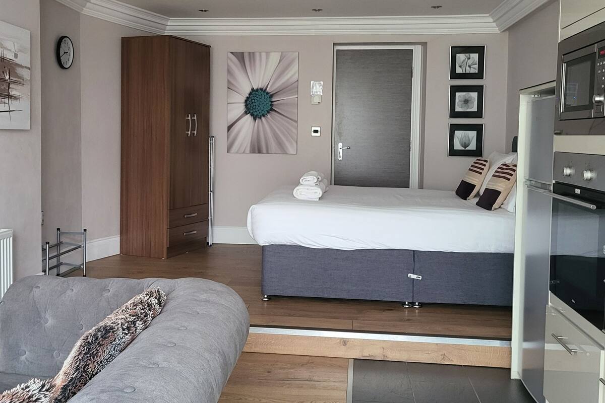 A bedroom with a bed, a wardrobe, a dresser, and a kitchenette.