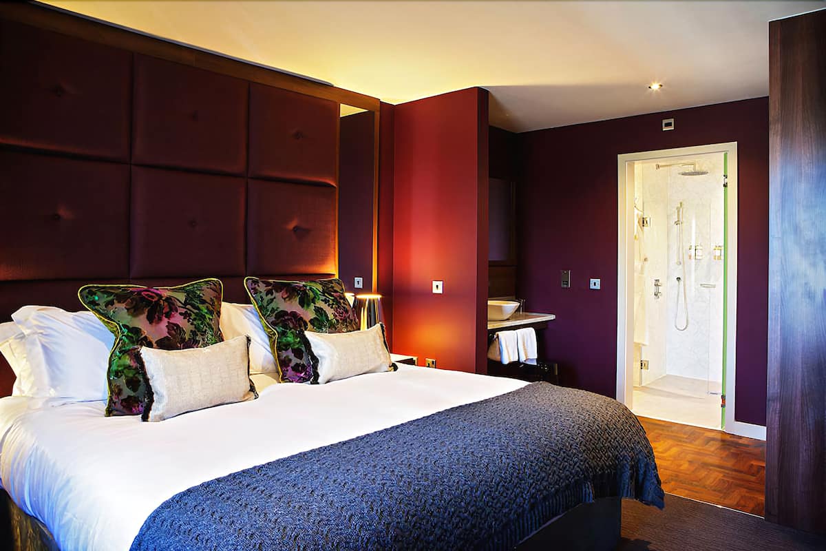 Een moderne hotelkamer met een groot bed, een vastgezet hoofdbord, een nachtkastje, een badkamer met douche en een deur naar de badkamer.
