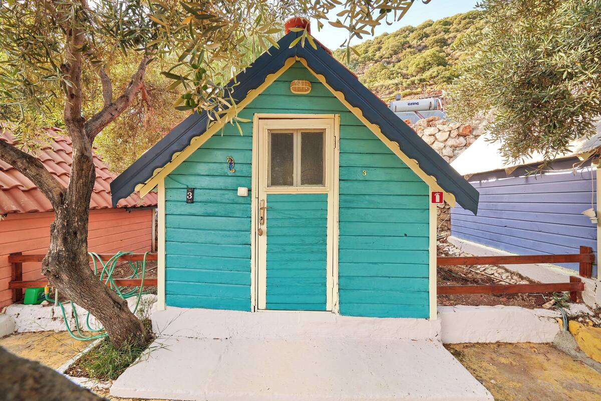 A small, colorful house with a teal door and a red roof.