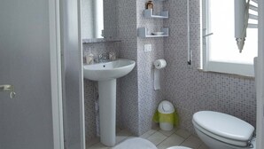 A bathroom with a shower, two sinks, a toilet, and a window. - B&B Da Ninetta (Rome)