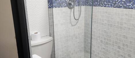 Une salle de bain comprenant des toilettes, une douche en verre et un mur carrelé orné d’une bordure en mosaïque bleue.