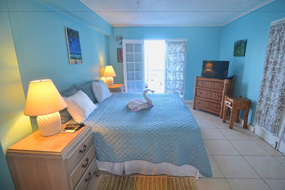 Un dormitorio con cama, mesitas de noche, televisor y vista al exterior.