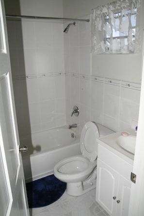 Bathroom features a shower, toilet, and sink, with a glass door and floral-patterned shower curtain.