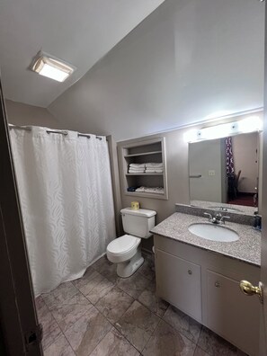 Een badkamer met toilet, wastafel en douchegordijn.