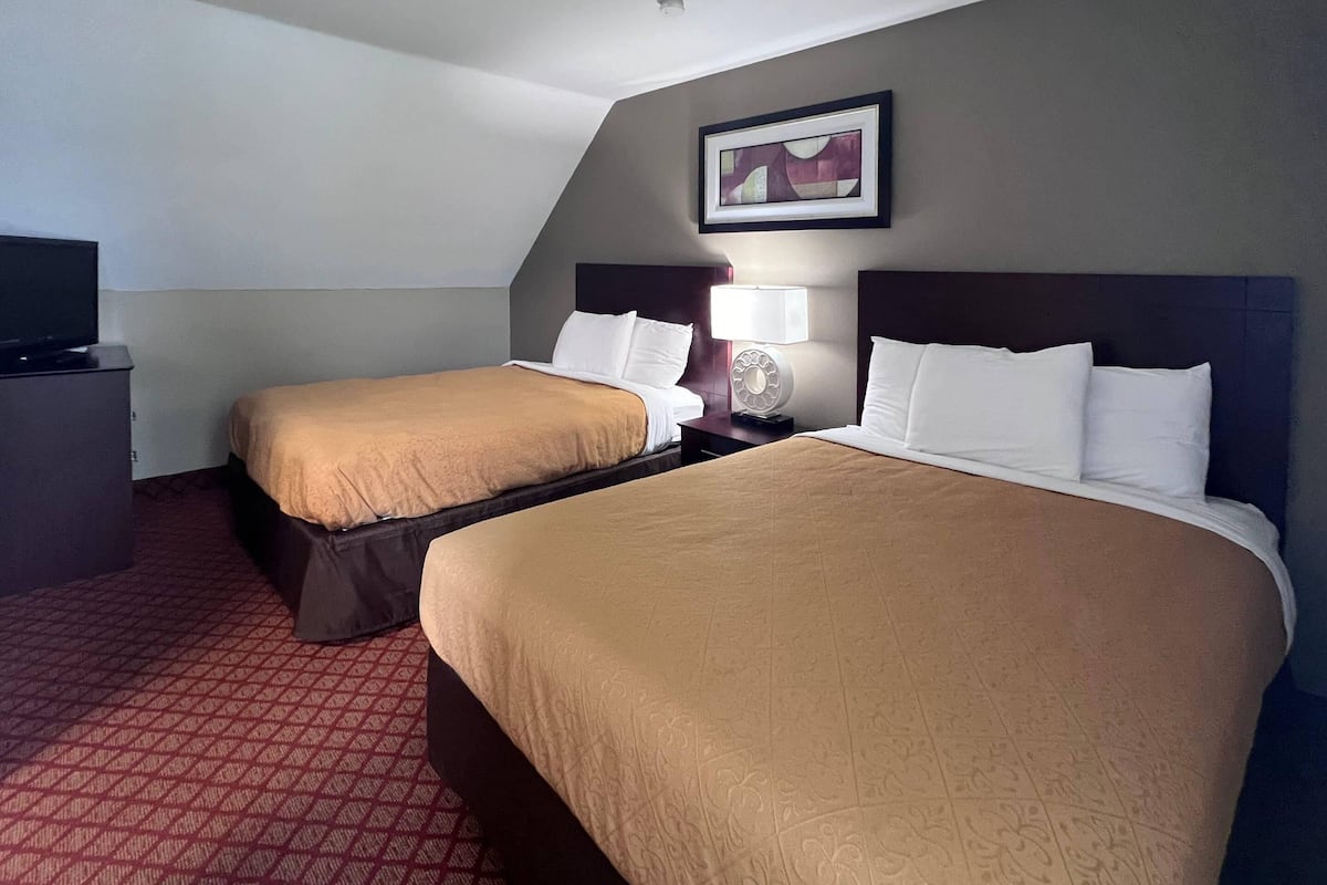 A hotel room with two beds, a television, a lamp, and a framed picture on the wall.