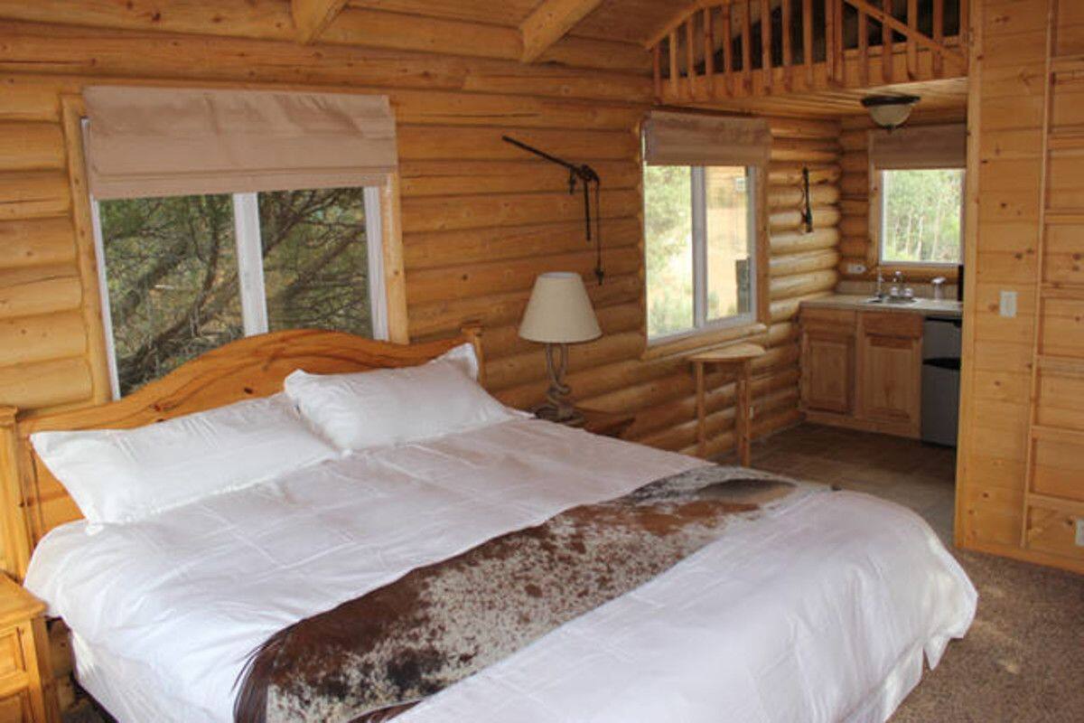 A log cabin bedroom with a wooden bed, a nightstand, a lamp, a small table, and a window with a view of trees.