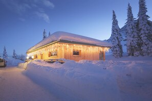 Une cabane enneigée aux murs en bois, entourée d’arbres chargés de neige et illuminée par des guirlandes lumineuses.