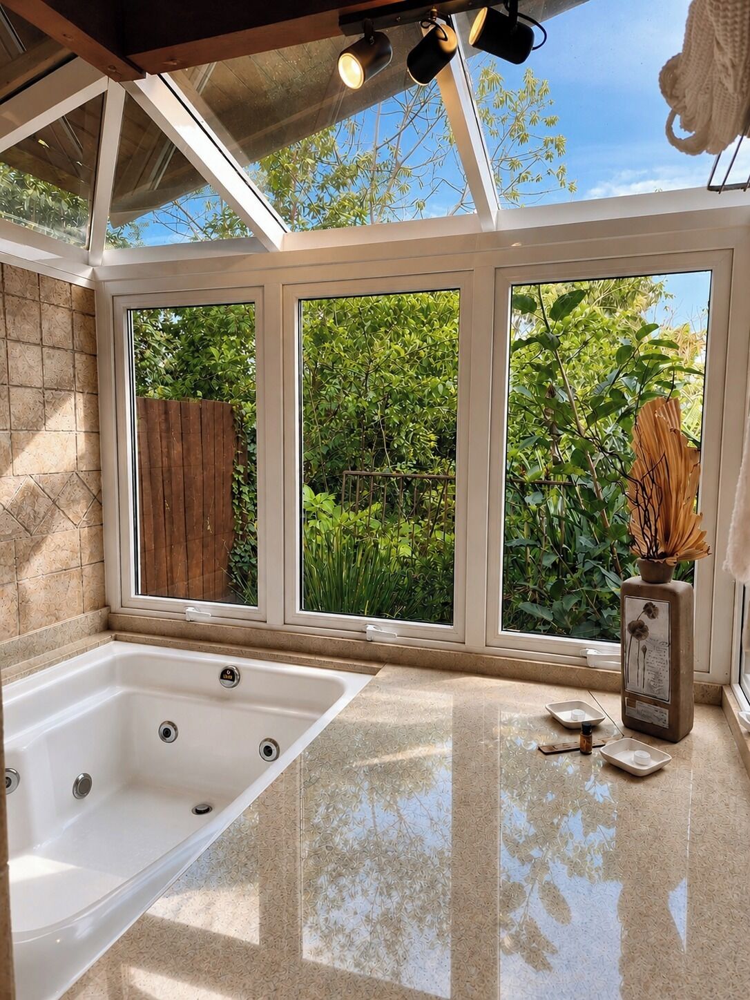 Un baño con bañera, ventana con vista a follaje y cerca de madera.