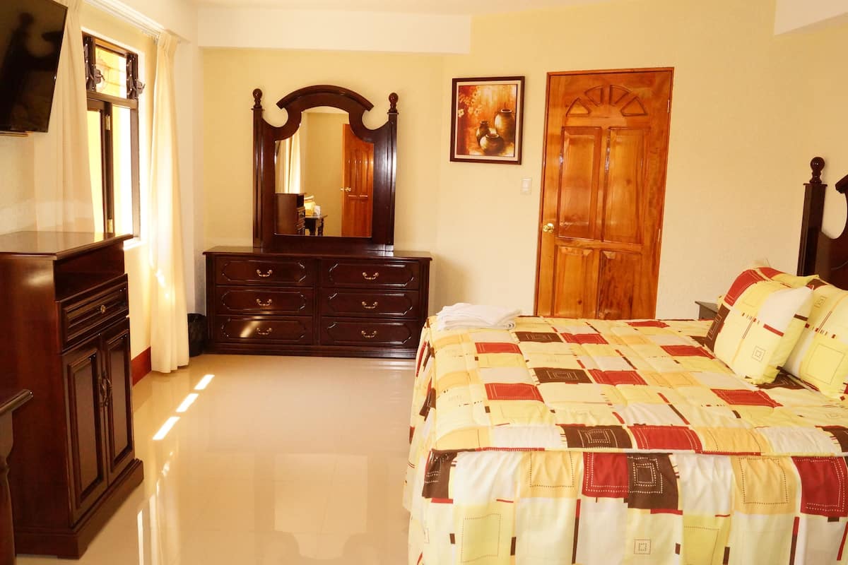 A bedroom with a bed, dresser, mirror, and a door.