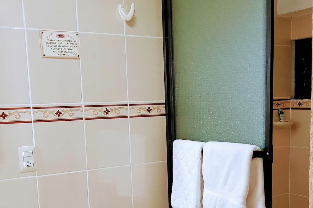 shower, free toiletries, towels