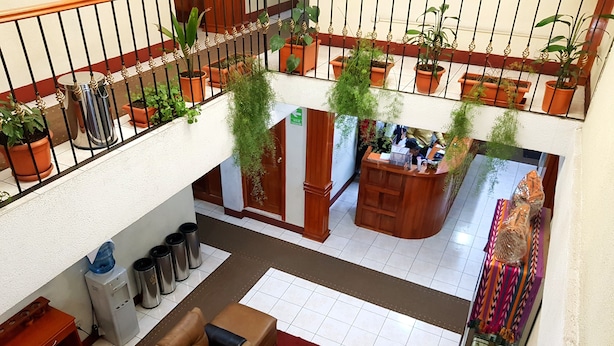 Un hall d’entrée spacieux, avec un canapé en cuir marron, un comptoir d’accueil et des plantes en pot.