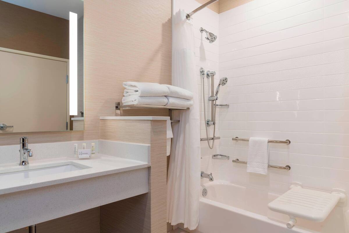 combined shower/bathtub, free toiletries, hair dryer, towels