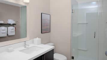A modern bathroom with a white sink, a toilet, and a glass-enclosed shower.
