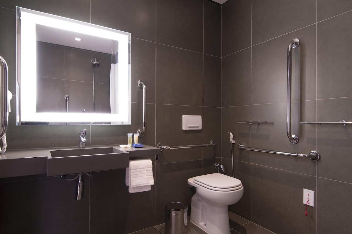 A modern bathroom with a large mirror, a sink, a toilet, and grab bars.