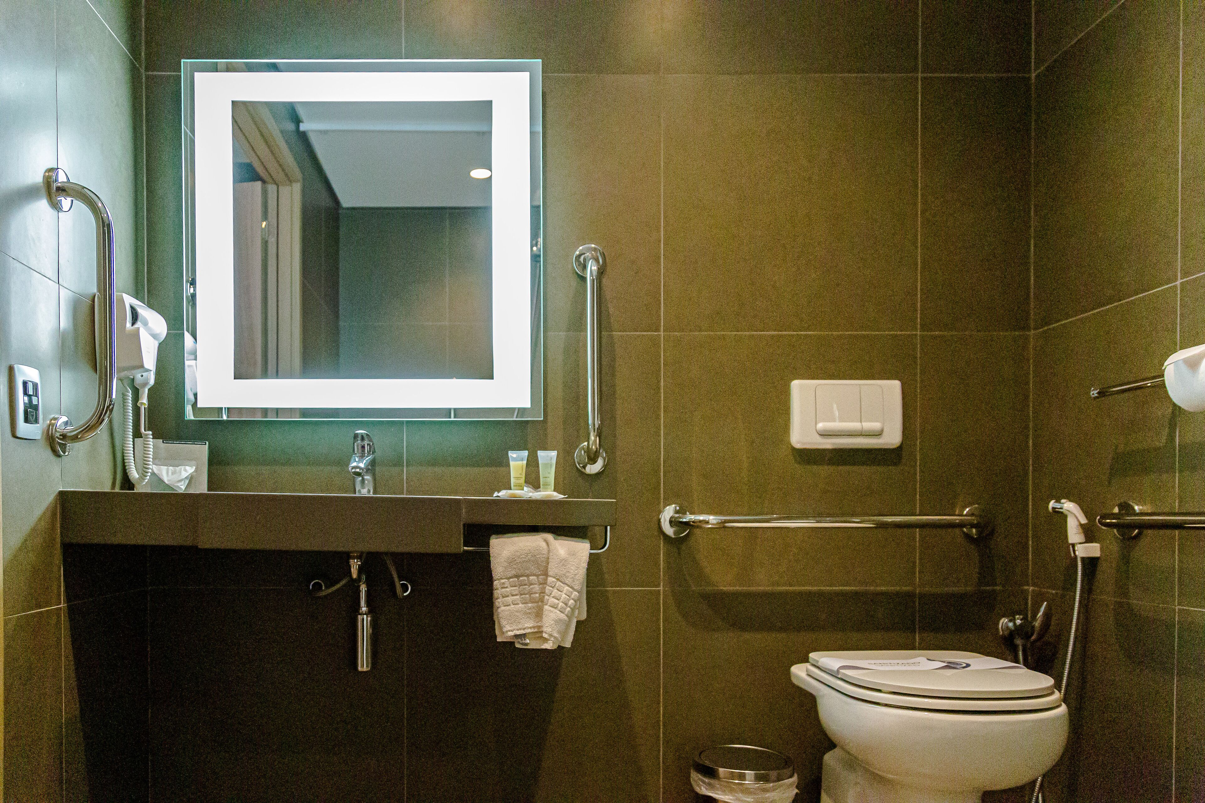 shower, eco-friendly toiletries, hair dryer, towels