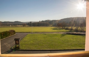 A rural landscape with a clear sky, a road, and a grassy field. - Hôtel L'Écu D'Alsace (Gresswiller)