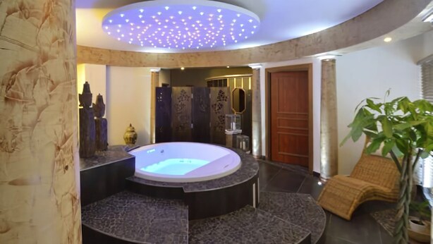 A spa area with a hot tub, a ceiling with lights, a chair, and a plant. - Hôtel Chez Jean (Saverne)